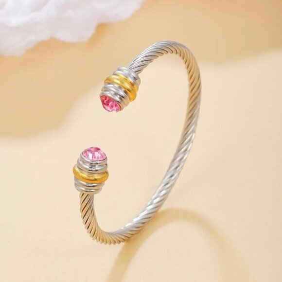 NWT Women’s Two-Tone Wire Cuff Bangle Bracelet With Pink Cubic Zirconia - Picture 3 of 5